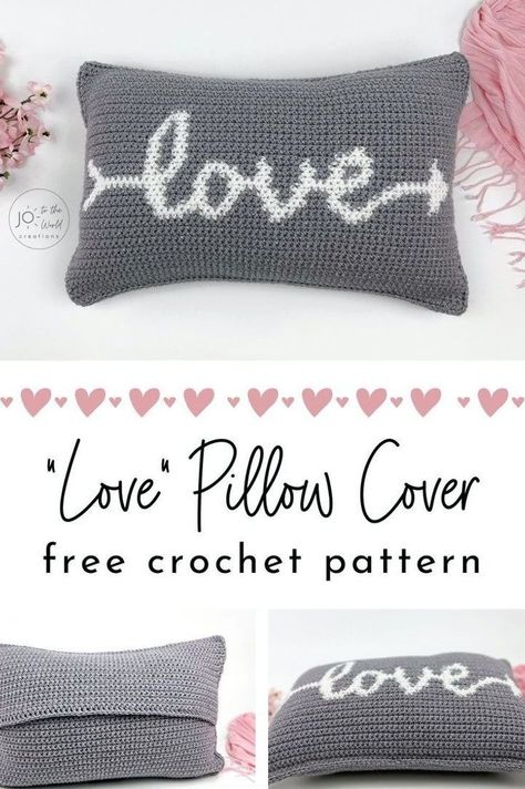 This Love Pillow Crochet Pattern is an easy to follow, carefully designed pattern that works up quickly and looks fantastic when completed. It's a perfect free crochet pattern to add to your crochet projects. Crochet Love Pillow Free Pattern, Crochet Valentine Pillow, Crochet Decorative Pillows, Free Crochet Pillow Patterns, Crocheted Pillows, Crochet Wedding Gift, Pillow Cover Crochet Pattern, Crochet Cushion Covers, Crocheted Pillow