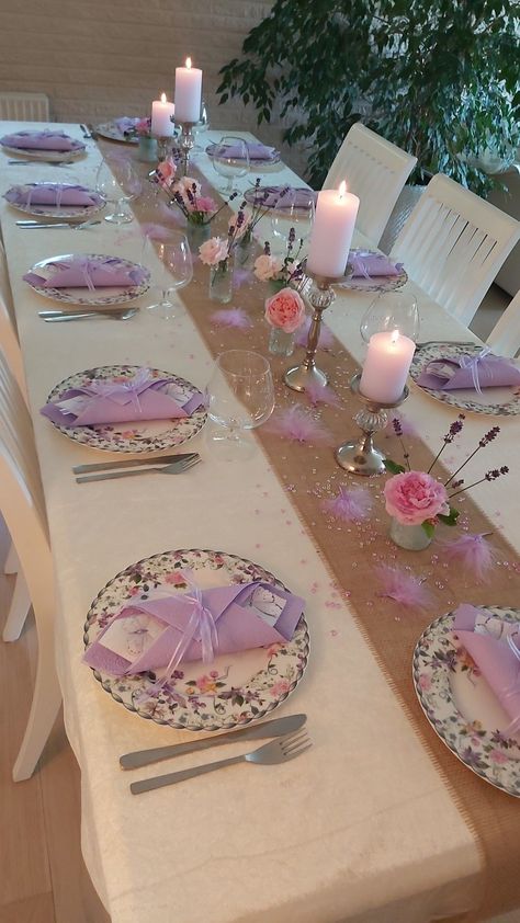 Mother’s Day Table Setting, Birthday Table Decorations, Dinner Party Decorations, Birthday Dinner Party, Party Table Settings, Table Setting Decor, Purple Birthday, Tea Party Decorations, Birthday Party Tables