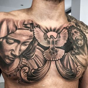 Religious Chest Tattoo, Acab Tattoo, Jesus Tattoo Design, Tato Salib, Full Chest Tattoos, Chicanas Tattoo, Tato Dada, Chest Tattoo Ideas, Christ Tattoo