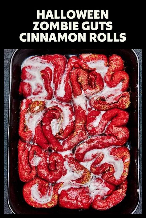 Make zombie guts cinnamon rolls for your Halloween breakfast and surprise everyone. Red velvet cake mix added to the yeast dough makes these vibrant, and tasty. Halloween Intestines Cinnamon Rolls, Cinnamon Roll Brains Halloween, Cinnamon Roll Guts Halloween, Zombie Guts Cinnamon Rolls, Werewolf Party Food, Cinnamon Roll Intestines Halloween, Intestine Cinnamon Rolls, Samhain Meals, Guts Cinnamon Rolls