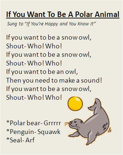 "If You Want To Be A Polar Animal" song, great for Winter time. Marco The Polar Bear Felt Story, Winter Rhymes, Music Preschool, Arctic Animals Preschool, Animal Song, Winter Lesson Plan, Daycare Curriculum, Cold Places, English Rhymes