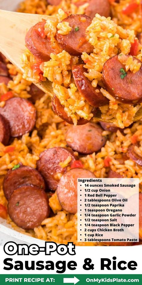 Smoked sausage and rice is an easy dinner that is made fast with your favorite sausage, peppers, rice, and seasonings! Quick Easy Sausage Dinner, Easy One Pot Sausage And Rice, Meal Ideas With Smoked Sausage, Rice Meat And Veggies, Easy Dinners Mexican, Dinners With Turkey Sausage, Dishes With Smoked Sausage, Healthy Polish Sausage Recipes, Easy Meal Plan Recipes