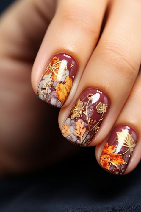 Trendy Autumn Nails, Thanksgiving Manicure, Burgundy Nail Ideas, Foliage Nails, Nails Thanksgiving, Art Thanksgiving, Thanksgiving Nail Designs, New Years Eve Nails, Thanksgiving Nail Art