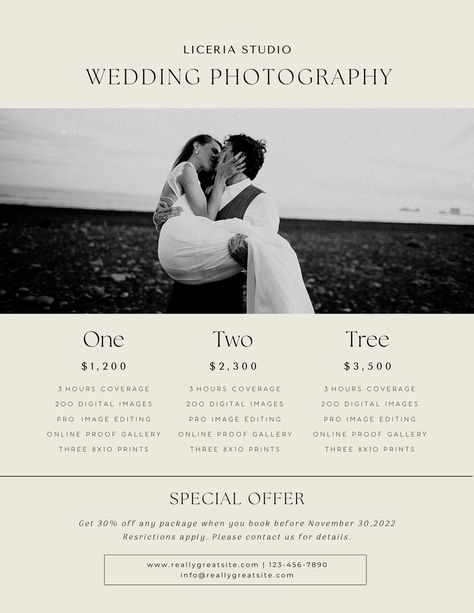 Photography Offer Template, Wedding Packages Prices Design, Price Guide Photography, Wedding Photography Price Guide, Photography Rate Card Design, Wedding Photography Advertisement, Price List Design Photography, Photographer Price List Design, Wedding Photography Price List