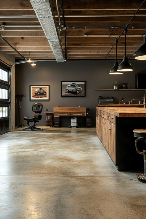 garage-makeover Garage Feature Wall, Open Ceiling Garage, Blacked Out Garage, Garage Remodel Ideas Living Spaces, Diy Garage Renovation, Black And Wood Garage Interior, Garage Cabinets Paint Colors, Functional Garage Ideas, Masculine Garage