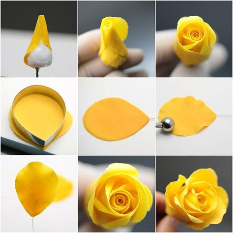 Making Fondant Flowers, Easy Fondant Cakes Designs Ideas, Fondant Cakes Designs, Fondant Roses Easy, Gumpaste Flower Cake, Easy Fondant Decorations, Clay Flower Art, Fondant Rose Tutorial, Fondant Cake Tutorial