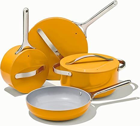 Caraway Nonstick Ceramic Cookware Set (12 Piece) Pots, Pans, Lids and Kitchen Storage - Non Toxic, PTFE & PFOA Free - Oven Safe & Compatible with All Stovetops (Gas, Electric & Induction) - Marigold Non Toxic Cookware, Ceramic Cookware Set, Kitchen Cookware Sets, Nonstick Cookware Sets, Ceramic Cookware, Amazon Decor, Pots And Pans Sets, Popular Kitchens, Nonstick Cookware