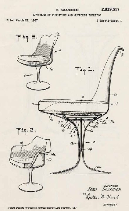 patent drawing for pedestal furniture filed by Saarinen, 1957 Eero Saarinen Tulip Chair, Tulip Chair Saarinen, Pedestal Chair, Tulip Armchair, Chair Drawing, Tulip Chair, Chaise Chair, Patent Drawing, Eero Saarinen