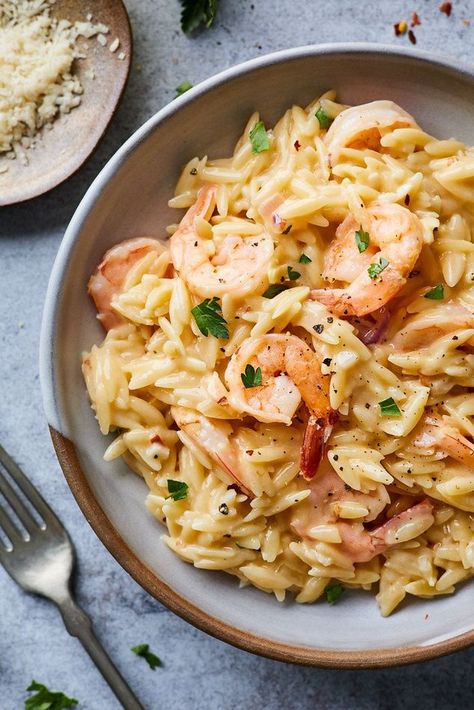 Fish Orzo Recipes, Fish With Orzo, Shrimp Scampi Orzo Recipes, Garlic Butter Prawn Orzo, Lemon Garlic Shrimp Orzo, Fish And Orzo Recipes, Garlic Shrimp Orzo, Lemon Shrimp Orzo Recipes, Orzo Seafood Recipes