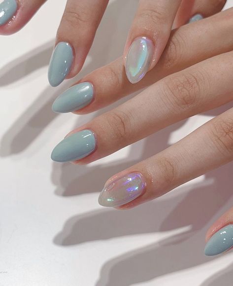 nail nails inspo 2022 ideas inspiration manicure blue polish accent nail Softgel Nail Design Blue, Light Blue Nails Simple Design, Light Blue Gel Nails Design, Light Blue Elegant Nails, Opaque Blue Nails, Light Blue Acrilyc Nails, Pearl And Blue Nails, Bridesmaid Nails Light Blue, Light Blue Shiny Nails