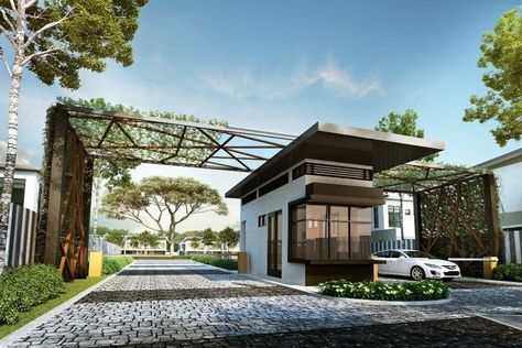 Gated Entrance Guard House Entrance, Guardhouse Design, Guard House Design, Condominium Entrance, Canopy Walkway, Residential Entrance, Tor Design, Retractable Pergola Canopy, Eksterior Modern