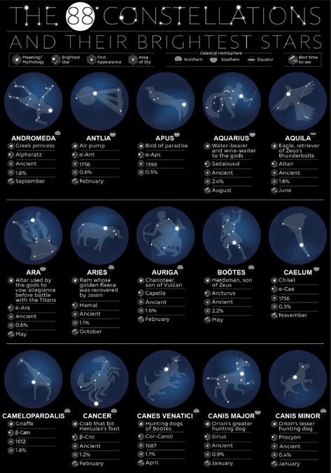 Constellation Names and Meanings – All 88 Constellations Explained - Astronimate Star Meaning, Stars Astronomy, Stars Constellations, Astronomy Facts, Sistem Solar, Astronomy Constellations, Astronomy Science, The Constellations, Space Facts