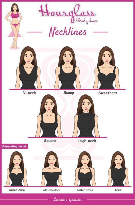 necklines tips for Hourglass body type or body shape Hourglass Dos And Donts, Causal Hourglass Outfits, Stylish Outfits For Hourglass Shape, Long Skirt For Hourglass Shape, Dresses Hourglass Shape Short, Hourglass Wardrobe Staples, Neckline For Hourglass Shape, Dressing For Your Body Type Hourglass Style, Dress Style For Hourglass Shape