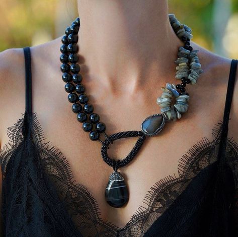 Big Beads Necklace, Statement Necklace Outfit, Chunky Stone Necklace, Bold Bohemian, Statement Jewelry Necklace, Bright Necklace, Large Bead Necklace, Asymmetrical Necklace, Black Onyx Pendant