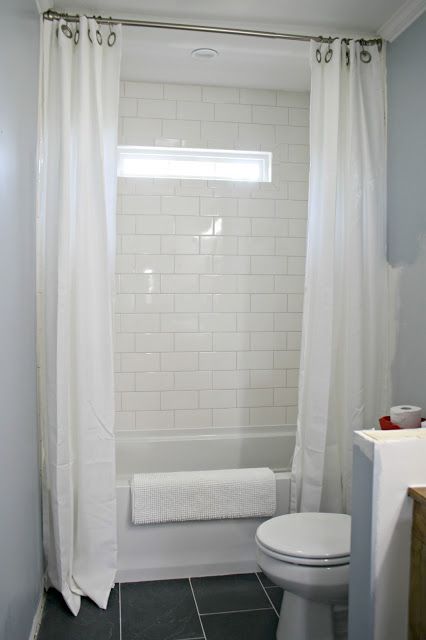 Brilliant!  Use drapes on your shower for that double curtain look - so pretty! Tall Shower Curtains, Two Shower Curtains, Double Shower Curtain, Subway Tile Showers, Mold In Bathroom, Long Shower Curtains, Thrifty Decor Chick, Double Shower, Thrifty Decor