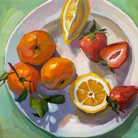 Vicki McGrath’s Instagram photo: ““Juicy Fruit” -10”x10” acrylics on gallery wrapped canvas This fresh summer fruit plate is part of a fruit collection heading to a very…” Fruit Acrilic Paintings, Paint Fruit Acrylic, Painting Fruit Acrylic, Cute Fruit Painting, Fruit Art Ideas, Fruit Painting Ideas, Fruit Painting Acrylic, Fruit Acrylic Painting, Gouache Fruit