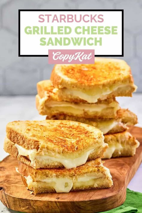 Indulge in the irresistible goodness of Starbucks Grilled Cheese Sandwich! Made with a perfect blend of sourdough bread, gooey mozzarella, and rich white cheddar cheese on the inside, and a savory butter garlic parmesan crust on the outside. This is comfort food at its finest. Get the easy copycat recipe to make the best homemade grilled cheese sandwich at home. Starbucks Grilled Cheese, Starbucks Sandwiches, Savory Butter, Crispy Grilled Cheese, Homemade Grilled Cheese, Easy Sandwich Recipes, Sandwich Bread Recipes, Best Grilled Cheese, Grilled Cheese Recipes