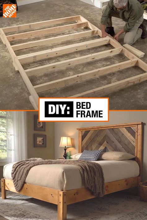 Queen Size Bed Frame Diy, Diy Farmhouse Bed King, Wooden Bed Frame Diy, Diy Bedroom Furniture, Diy Bed Frame Plans, Build Bed Frame, King Size Bed Frame Diy, Bed Frame Diy, Queen Bed Frame Diy