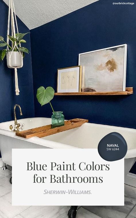 Blue Bathroom Paint Colors, Bathroom Paint Color Inspiration, Naval Sw 6244, Bathroom Navy Blue, Cape Remodel, Bathroom Paint Colors Blue, Navy Blue Bathroom Decor, Bathroom Navy, Blue Bathroom Paint