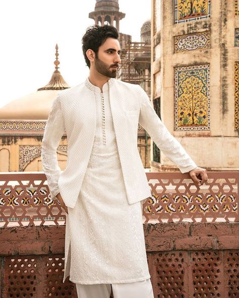 follow this White Lenin Kurta For Men, Nikah Kurta For Men, White Indian Outfit Men, Barat Outfit Men, Kurta White Men, Kurta Waistcoat Men Wedding, White Kurta Pajama Men With Jacket, Mens Nikkah Outfit, Nikkah Outfit Men