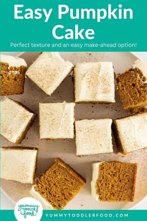 Squares of pumpkin cake on white plate. Healthy Pumpkin Cake, Easy Pumpkin Cake, Toddler Recipe, Pumpkin Spice Cake Recipe, Pumpkin Cake Recipe, Pumpkin Cake Easy, Pumpkin Cake Recipes, Homemade Pumpkin Puree, Pumpkin Spice Cake