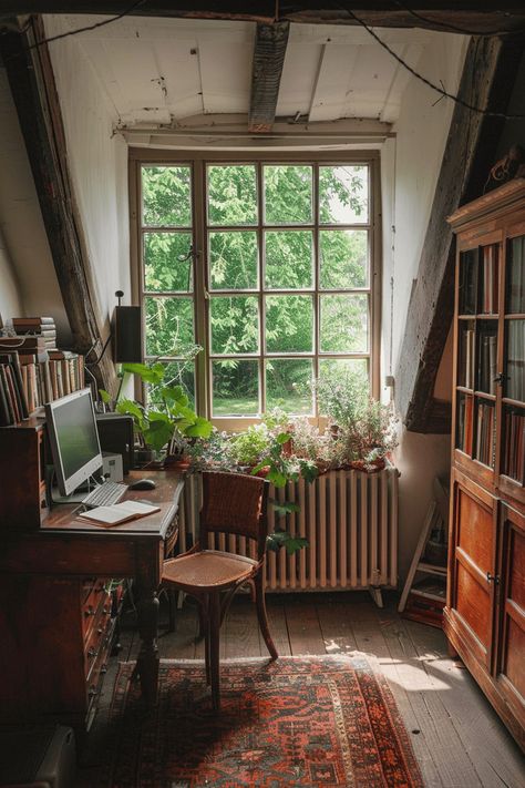 luxurious cosy english countryside home office, summer, natural light simple speaker4 English Style Home, English Countryside Home, Countryside Home, Home Office Makeover, Perfect English, Room Of One's Own, Deep Thinking, Countryside House, Office Makeover