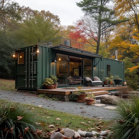 Container Home Designs Floor Plans, Cabin Container, Single Container House, Container Tiny House, Rustic Shipping Container Cabin, Shipping Container Log Cabin, Container Home, Shipping Container Lake House, 40’ Shipping Container Home