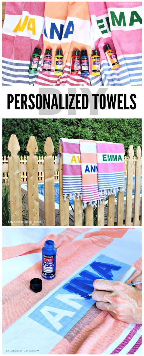 A DIY tutorial to make personalized turkish towels. How to add personalization to turkish towels perfect for kids at the beach or pool. #turkishtowels Kids At The Beach, Diy Towels, Reading Diy, Wedding Crafts Diy, Towel Crafts, Custom Beach Towels, Beach Diy, Personalized Beach Towel, Easy Diy Gifts