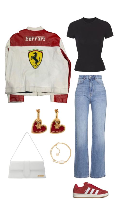 Formula 1 Style Women, F1 Grand Prix Outfits Women, Charles Le Clerc, F1 Race Outfit For Women, Grand Prix Outfit Women, Red Adidas Campus, F1 Outfit For Women, F1 Fits, Ferrari F1 Team