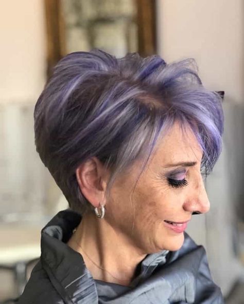 30 Striking Purple Hair Colors Trending in 2023 Short Hair With Purple Underneath, Grey Hair With Colored Highlights, Short Gray Hair With Purple Highlights, Purple Hair Over 50 For Women, Grey With Purple Hair, Silver Hair Purple Highlights, Color Streaks In Gray Hair, Grey Hair With Lavender Highlights, Silver With Purple Highlights