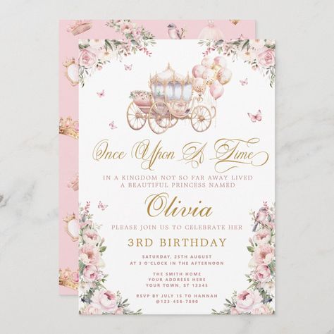 Once Upon A Time Princess Carriage Birthday Invitation Ones Upon A Time Birthday, Once Upon A Time Birthday Theme, Princess Fairytale Birthday Party, Once Upon A Time Birthday Party Theme, Royal Theme Invitation, Once Upon A Time 1st Birthday Party, Once Upon A Time First Birthday Theme, One-ce Upon A Time 1st Birthday, Princess 1st Birthday Party Ideas