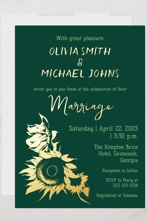 Sunflower Emerald green Real gold foil Wedding Invitation Green And Sunflower Wedding Theme, Green And Sunflower Wedding, Emerald Green Gold Wedding, Green Gold Weddings, Sunflower Centerpieces, Sunflower Themed Wedding, Gold Wedding Invitation, Gold Foil Wedding Invitations, Sunflower Wedding Invitations