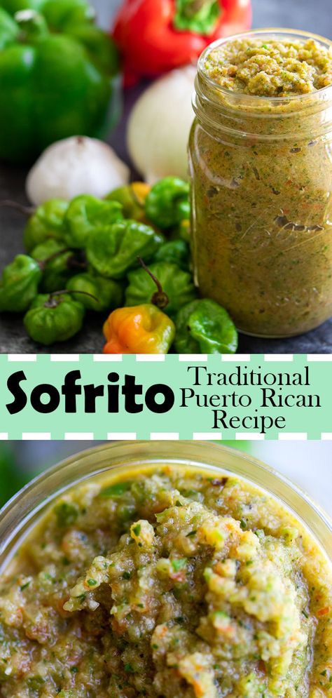 Sofrito, also called recaito is a stable to preparing many Puerto Rican cuisines. It is made in different variations around the Caribbean Islands. The base consisting of peppers, onion, garlic, and tomatoes. Puerto Rican Sofrito rarely has tomatoes and uses two main ingredients – culantro and ají dulce. #caribbean #sofrito #puertorico #recipe #food #marinade #seasoning Aji Dulce Recipes, Recaito Recipe Puerto Rico, Homemade Sofrito Recipe Puerto Rico, Spanish Food Recipes Puerto Rico, Picadillo Recipe Puerto Rican, Sofrito Puertorriqueño, Puerto Rican Recipes Authentic, Recaito Recipe, Puerto Rican Sofrito Recipe