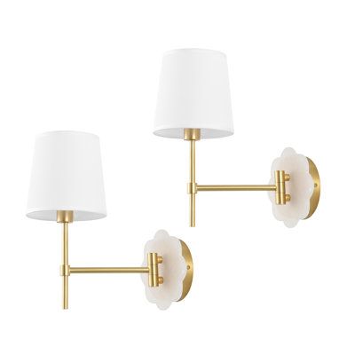 Illuminate your space with sophistication and practical elegance! This swing-arm wall sconce seamlessly marries functionality with artistic beauty, featuring a captivating flower-inspired back plate crafted from exquisite alabaster. | Mercer41 Veronie Iron Armed Sconce in White / Yellow | 13 H x 6 W x 11.5 D in | Wayfair Golden Lighting, Metal Canopy, Bathroom Sconces, Modern Wall Sconces, Iron Lighting, Wall Fixtures, Back Plate, Fabric Shades, Shop Lighting