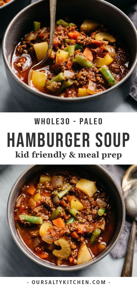 College Dinners, فاصوليا خضراء, Hamburger Vegetable Soup, Paleo Soup, Hamburger Soup, Tomato Broth, Colorful Vegetables, Recipe 30, Meal Prep Containers