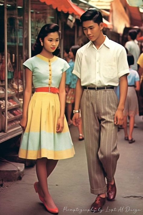 Vietnam Fashion Outfits, 50s Aesthetic Fashion, Pair Outfits, Vintage Asian Fashion, Vintage Myanmar, 50s Aesthetic, Outfit Couple, Guy Fashion, Vietnam Fashion