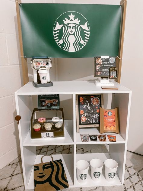 Pretend Play Cafe Coffee Shop, Starbucks Pretend Play, Starbucks Play Center, Cafe Play Area, Coffee Shop Pretend Play, Cardboard Coffee Shop, Starbucks Dramatic Play Coffee Shop, Dramatic Play Ideas Kindergarten, Pretend Play Cafe