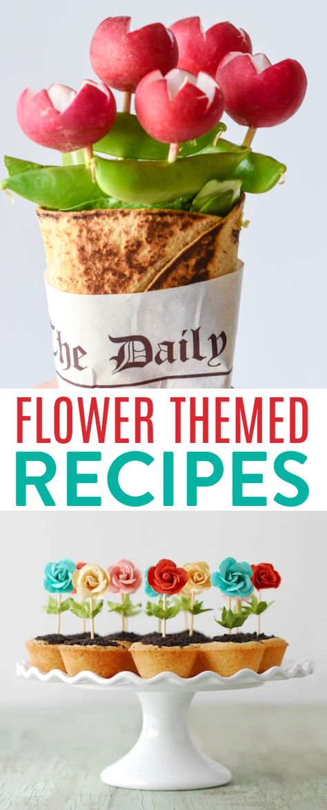 Seriously, how cute are these flower themed recipes? Perfect for parties, wedding or baby showers, and other special occasions, they are colorful and fun. We can imagine these making an adorable display at a party that practically screams spring and summer. Or, make one of these recipes just for fun. Flower Appetizers Ideas, Flower Theme Desserts, Garden Theme Food Ideas, Flower Themed Food Ideas, Flower Party Food Ideas, Garden Themed Food, Flower Themed Food, Flower Treats, Themed Recipes