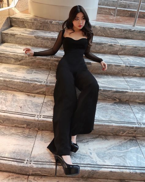 Sit back in style in our Sheer Sleeve Jumpsuit Black Fancy Jumpsuit, Party Jumpsuits For Women Classy, Jumpsuit Outfit Fancy, Prom Outfits Jumpsuit, Jumpsuit Styling Ideas For Party, Formal Jumpsuit Prom, Jumpsuit Outfit Aesthetic, Acquaintance Party Outfit Dress, Fancy Jumpsuit Prom