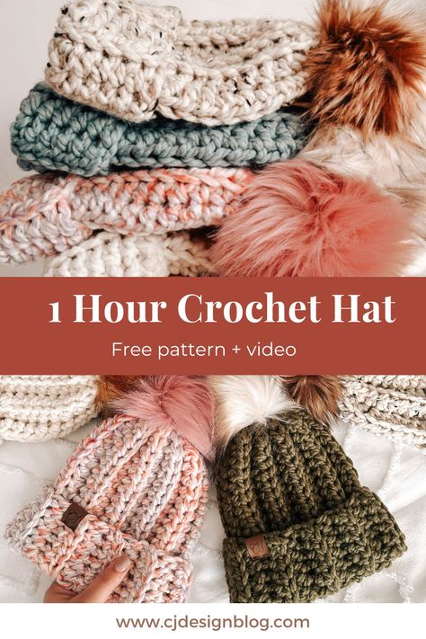 Make this beautiful crochet hat in only 1 hour! Free pattern and video tutorial. All sizes included! #CrochetHat #Crochet #ChunkyHat One Hour Crochet Hat Free Pattern, Size 6 Yarn Crochet Hat Patterns Free, Crochet Hat 6 Yarn, Wool Hat Crochet Pattern, Crochet Hats Women, Chunky Hats Crochet, Size 5 Yarn Crochet Hat, Crochet Ladies Hat, Crochet Hat And Gloves