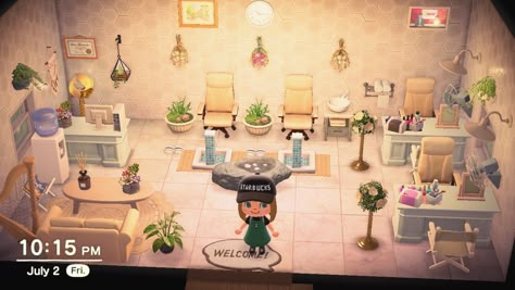 Happy Home Paradise Beauty Salon, Animal Crossing Makeup Salon, Nail Salon Animal Crossing, Animal Crossing Beauty Salon, Acnh Beauty Salon Design, Acnh Beauty Salon, Acnh Nail Salon Design, Acnh Nail Salon, Animal Crossing Spa