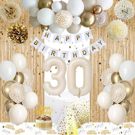 Amazon.com: 30th Birthday Decorations for Her, Gold Happy 30th Birthday Decorations White and Gold Balloons Happy Birthday Banner Tablecloth Fringe Curtain Cake Topper Paper Pom Poms Talk Thirty to Me Birthday : Toys & Games Birthday Decorations White And Gold, Birthday Decorations White, White And Gold Balloons, 30. Geburtstag Frau, 50th Birthday Themes, 30th Birthday Balloons, 50th Birthday Balloons, 30th Birthday Themes, Balloons Happy Birthday