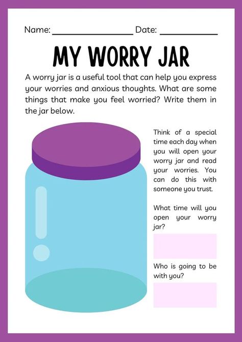 Container Exercise Therapy, Family Therapy Interventions, Worry Jar, Jar Activities, Child Therapy Activities, Anita Moorjani, Jar Printable, Self Care Worksheets, Mental Health Education