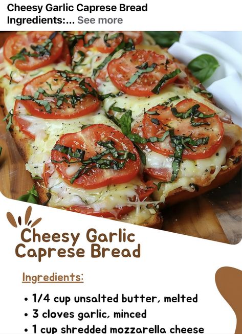 Caprese Bread, Caprese Flatbread, Best Appetizer Recipes, Pizza Recipes Homemade, Bread Ingredients, Cheesy Recipes, Italian Bread, Finger Food Appetizers, Delicious Snacks Recipes