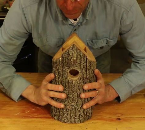 Log Bird House, How To Make A Bird House, Unique Bird Houses Diy, Natural Birdhouse, Log Cabin Bird House, Birdhouses Diy, Birdhouse Woodworking Plans, Birdhouse Diy, Sawhorse Plans