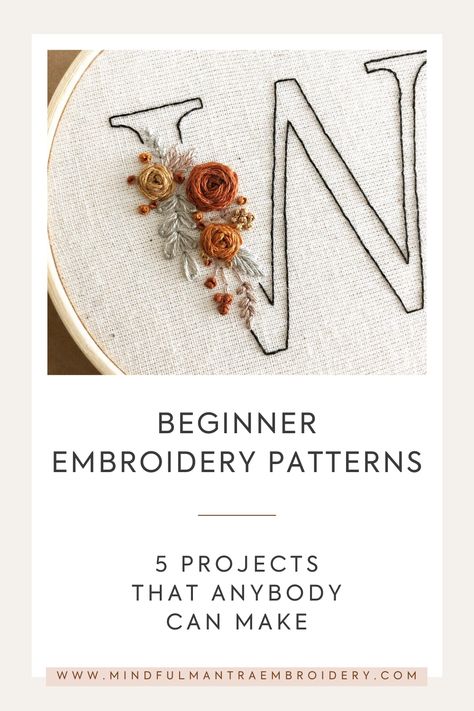 Floral embroidery patterns for beginners to get started with! Learn embroidery with these simple embroidery patterns suitable for any level of stitcher. Embroidery Guide For Beginners, Embroidered Tea Towels Pattern, Scripture Embroidery Patterns Free, Floral Alphabet Embroidery Patterns, Floral Hand Embroidery Tutorial, Embroidery Letter Patterns Free, Free Embroidery Patterns For Beginners, Hand Embroidery Napkins, Diy Embroidery Patterns Free