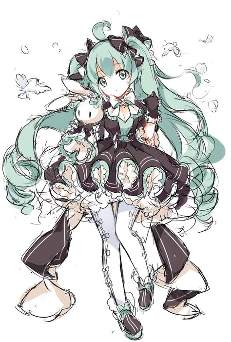 So much going on here. Poof skirt, ribbons, rough lines, flowy hair. Even the bunny gets her own poof skirt. :) #notmyart https://goo.gl/FlfUTV Poof Skirt, Flowy Hair, Face Artwork, Miku Cosplay, Art Tools Drawing, 캐릭터 드로잉, Character Sketches, Poses References, The Bunny