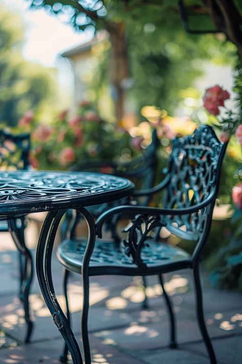 How To Clean Outdoor Wrought Iron Furniture: Maintenance Tips Wrought Iron Chairs Makeover, Vintage Wrought Iron Chairs, How To Clean Wrought Iron Furniture, Wrought Iron Outdoor Table, Wrought Iron Outdoor Furniture, Wrought Iron Garden Furniture, Wrought Iron Patio Set, Metal Garden Furniture, Compact Furniture