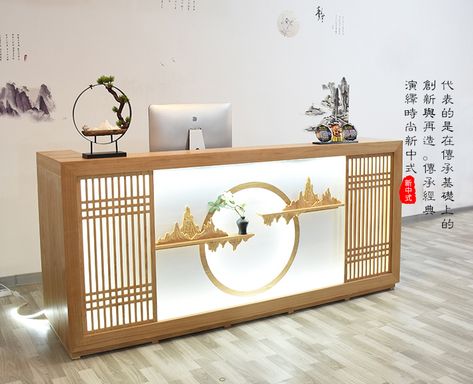 Chinese style vintage reception counter, cashier counter, office counter #retailproject #projectmanagement #shopfurniture Boho Living Room Coffee Tables, Chinese Hotel, Counter Office, Cashier Counter, Vintage Reception, Gerobak Dorong, Roof Terrace Design, Food Counter, Coffee Counter