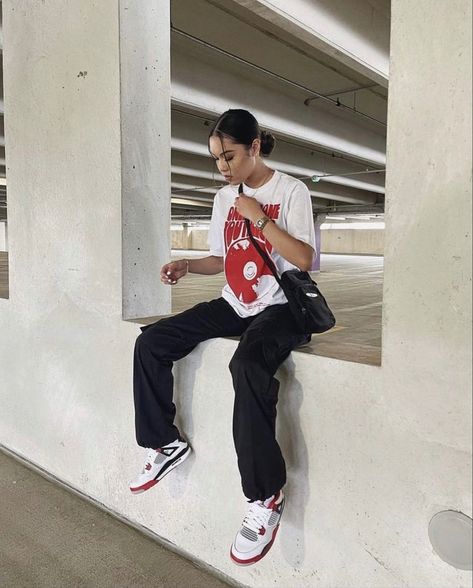 Outfit With Red And White Jordans, Jordan 4s Retro Fire Red Outfits, Red Retro 3 Outfit, Red Jordan 1 Outfit Women Street Style, Outfit With Red Jordans, Jordan 3 Outfit Women Red, Red Fits Streetwear, Air Jordan 4 Red Cement Outfit, Fire Red 4s Outfit Baddie